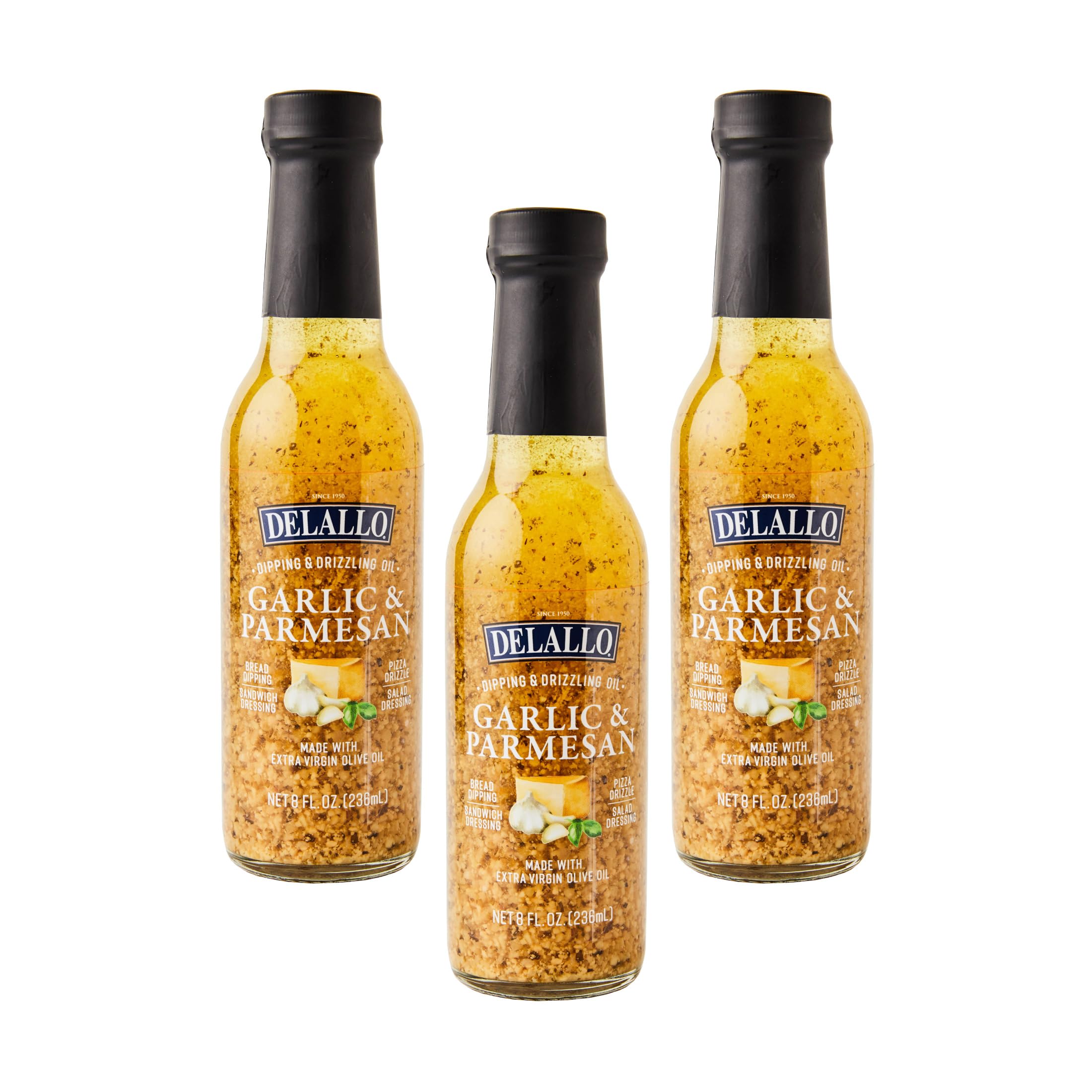 DeLallo front packaging of garlic parmesan dipping oil showing bottle label and branding for easy identification