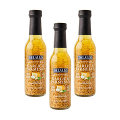 DeLallo front packaging of garlic parmesan dipping oil showing bottle label and branding for easy identification