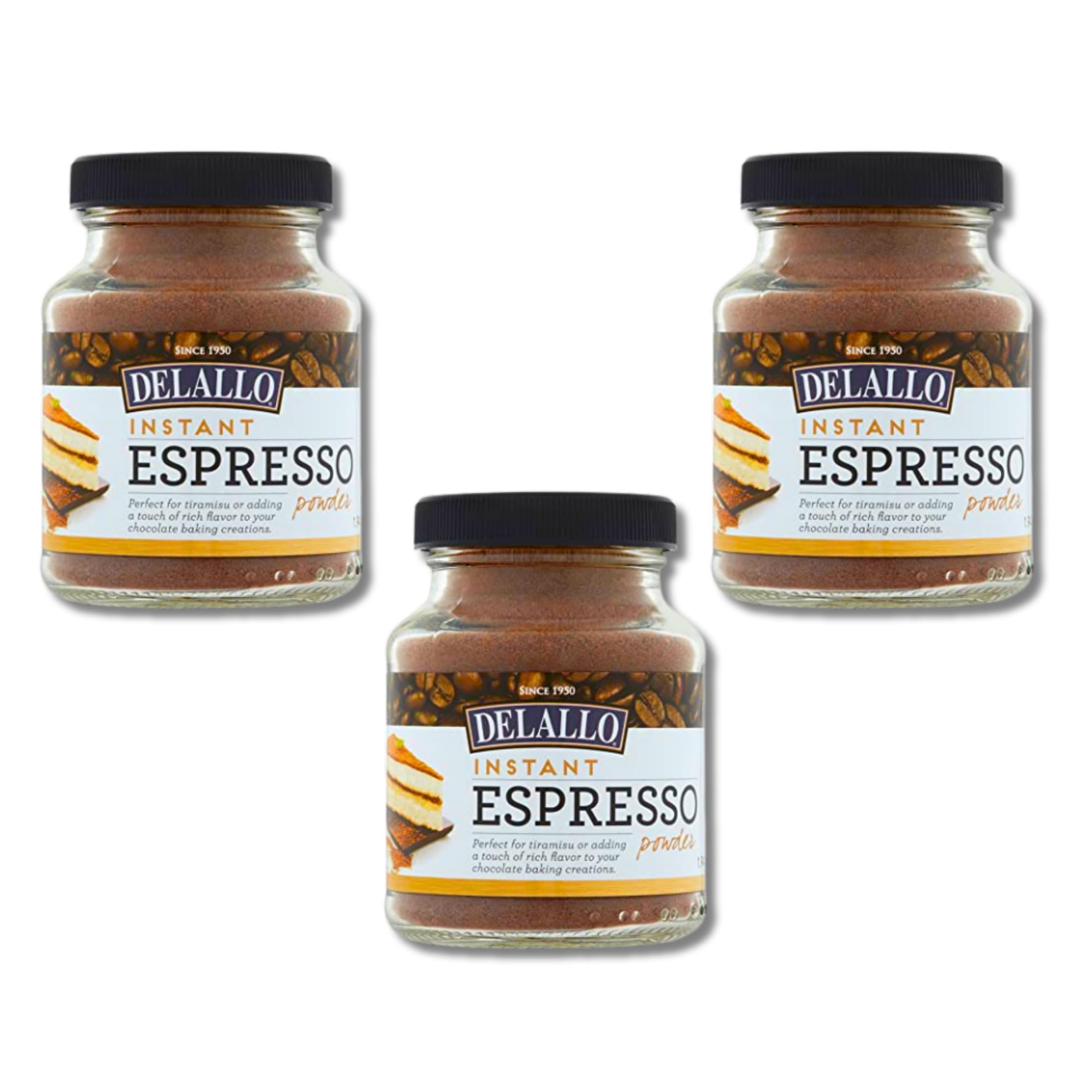 DeLallo jar front label showing instant espresso powder, convenient and bold