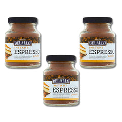 DeLallo jar front label showing instant espresso powder, convenient and bold