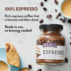DeLallo jar open revealing fine espresso powder texture for quick dissolving