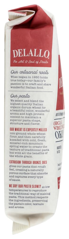 Close-up of DeLallo whole wheat orzo texture highlighting whole-grain nuttiness and firmness