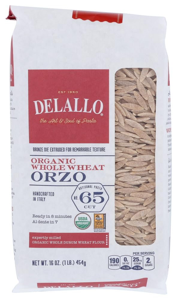 DeLallo whole wheat orzo front packaging showing brand and package size for pantry choice