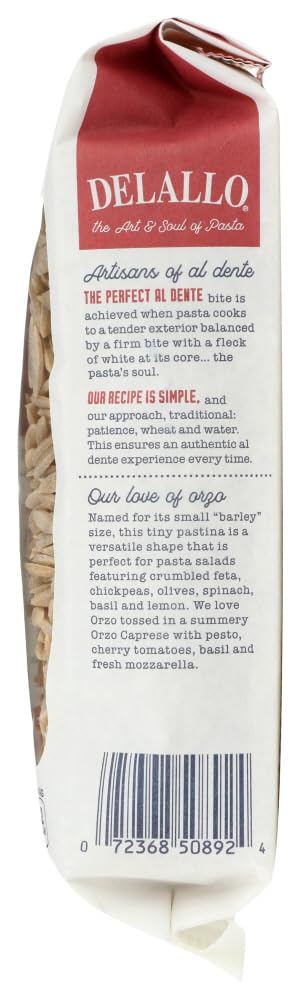 Measuring portion of DeLallo whole wheat orzo on scale illustrating serving size and meal prep ease