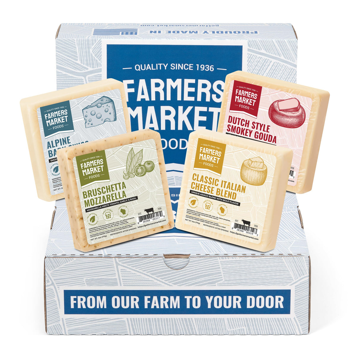 Deli Direct pack front view showing four individually wrapped cheeses and gift-ready presentation