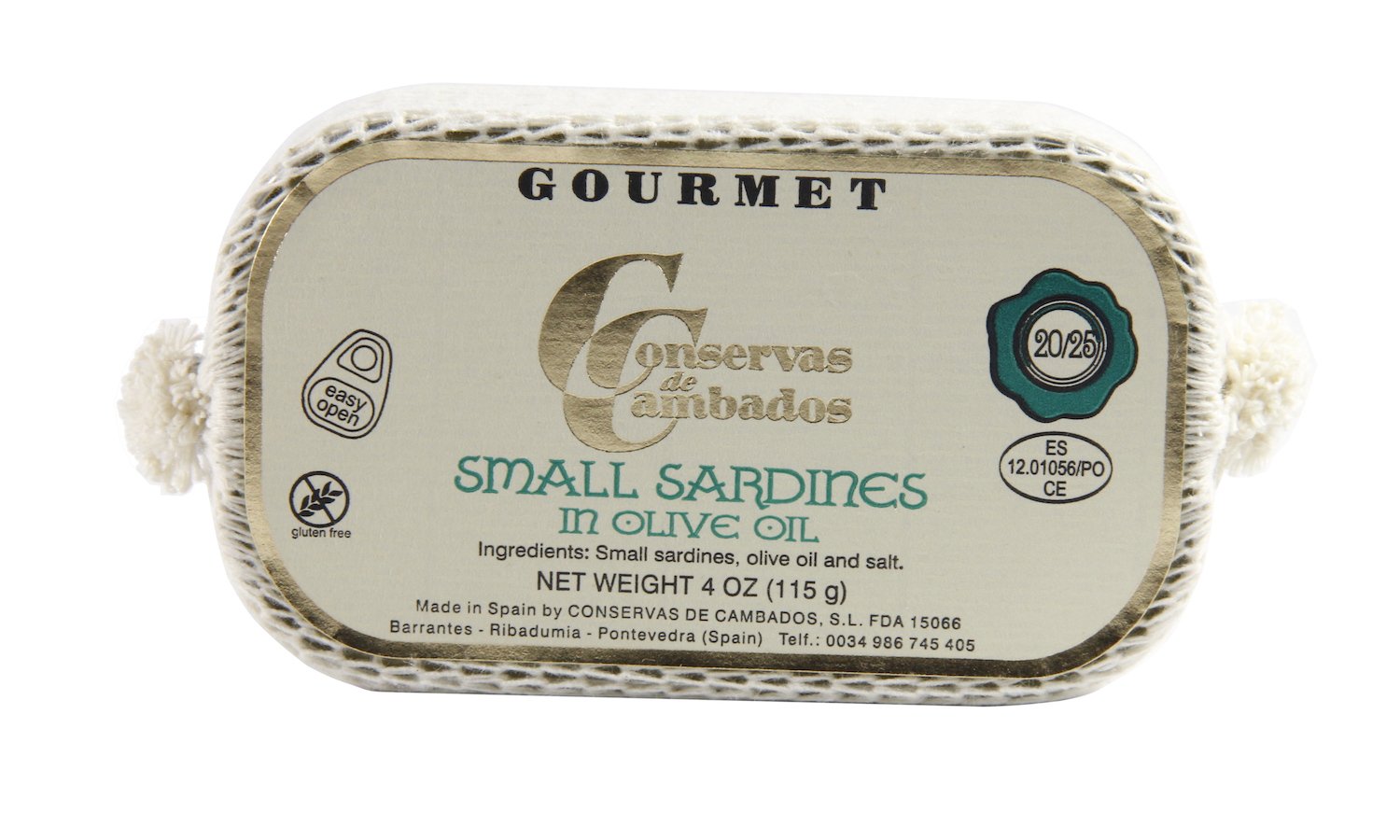 Delicioso tin front view showing label and compact 4 oz size, easy storage