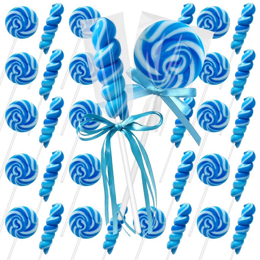 DelicYum front packaging showing 32 blue-and-white lollipops and value pack benefit