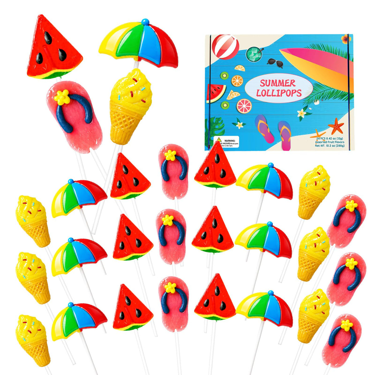 DelicYum front packaging showing 24-count summer lollipops, easy party serving