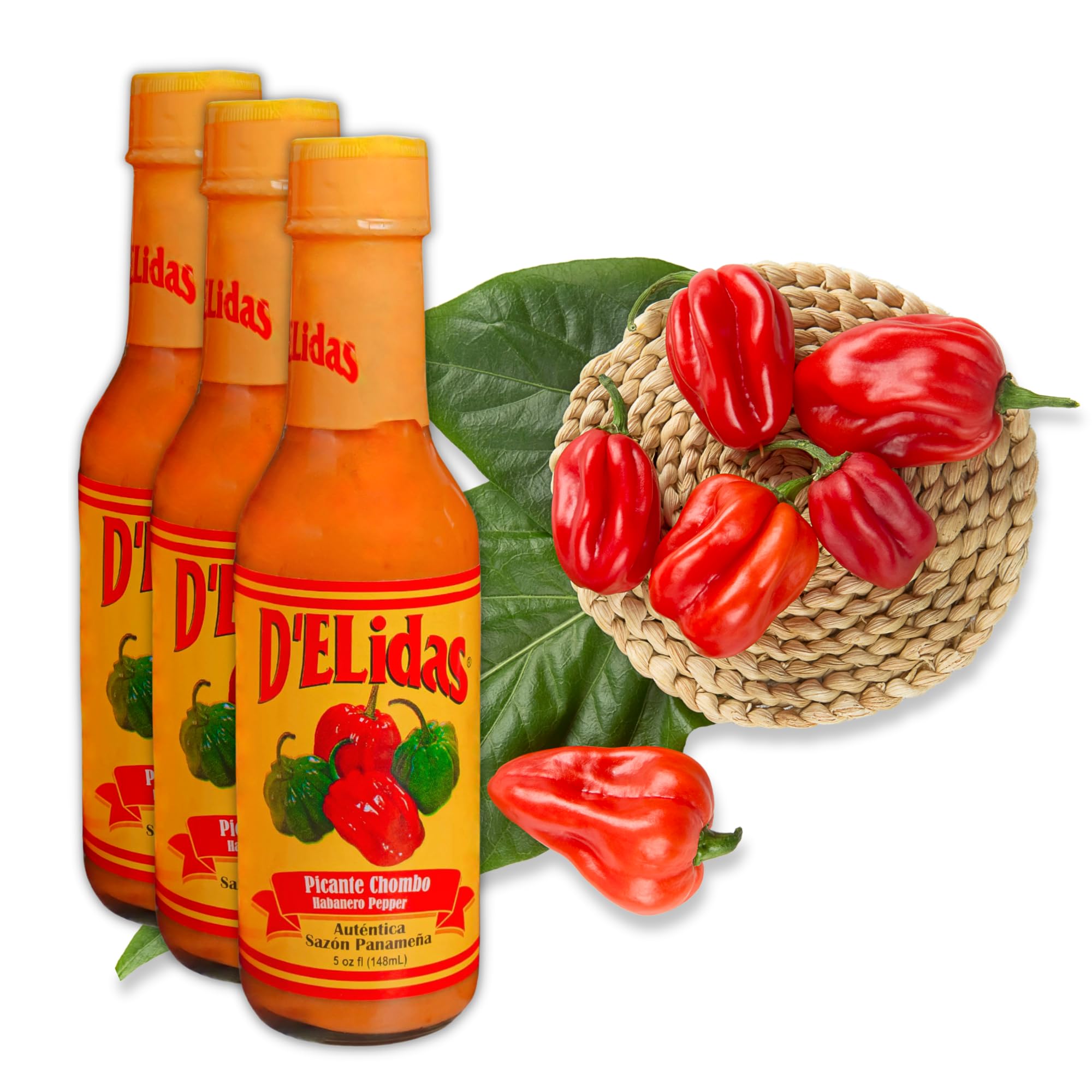 D'ELidas front packaging showing Chombo Picante bottle and branding benefit: authentic Panamanian flavor
