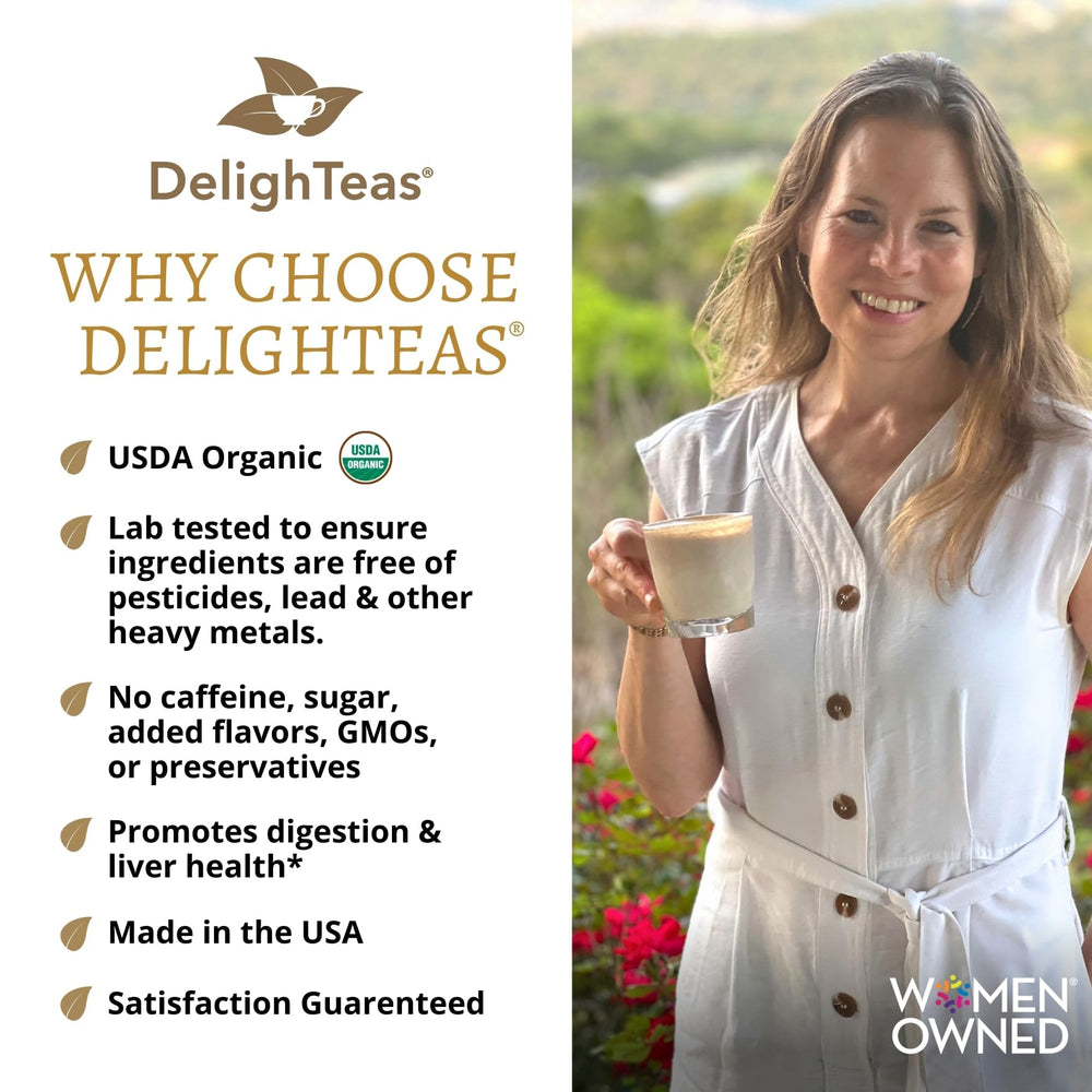 DelighTeas brewed cup steaming, illustrating warm caffeine-free comfort