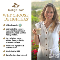 DelighTeas brewed cup steaming, illustrating warm caffeine-free comfort