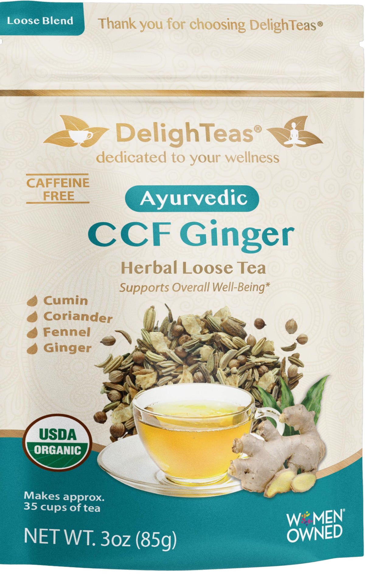 DelighTeas tin front view showing brand and organic CCF tea benefits