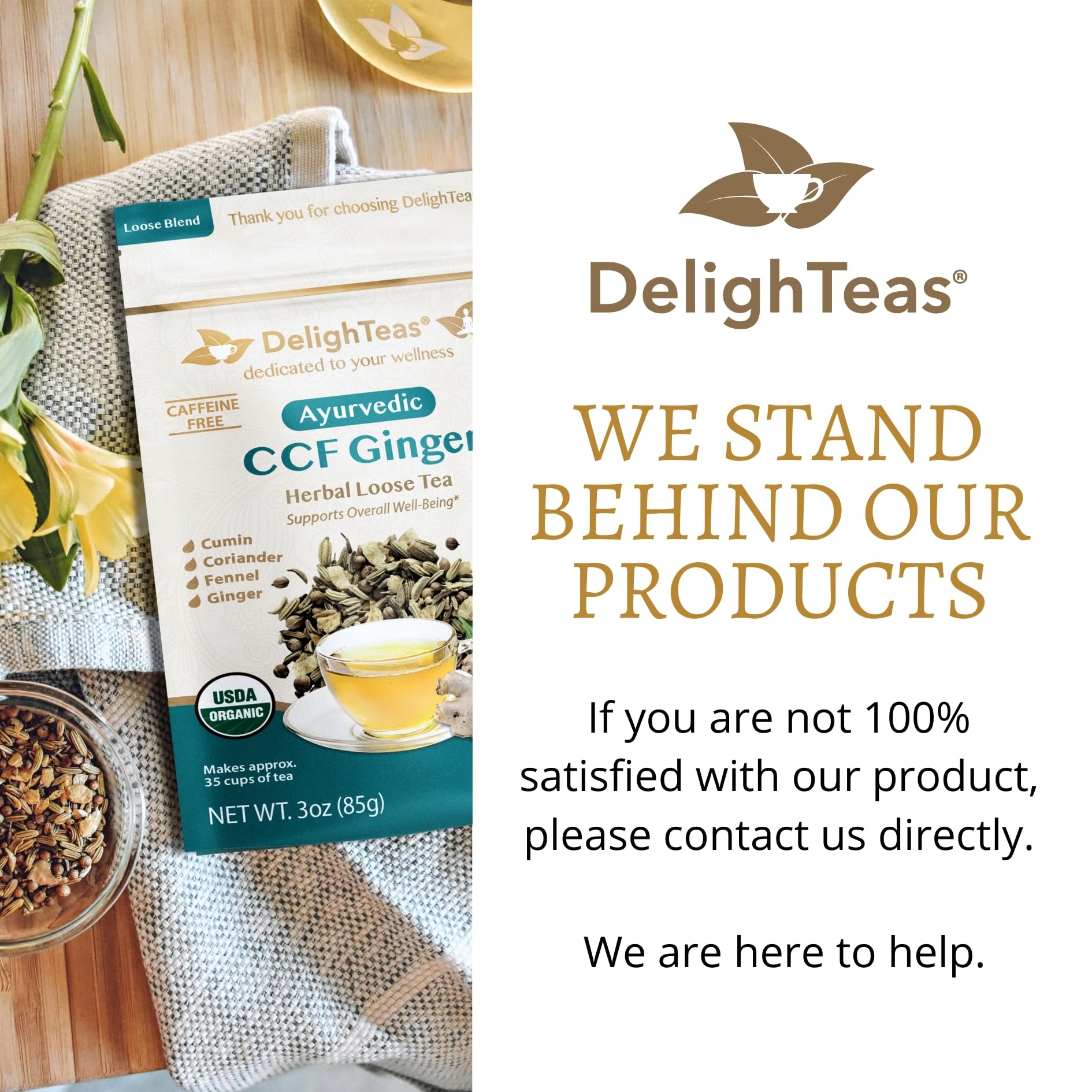 DelighTeas label close-up showing USDA Organic and ingredient transparency