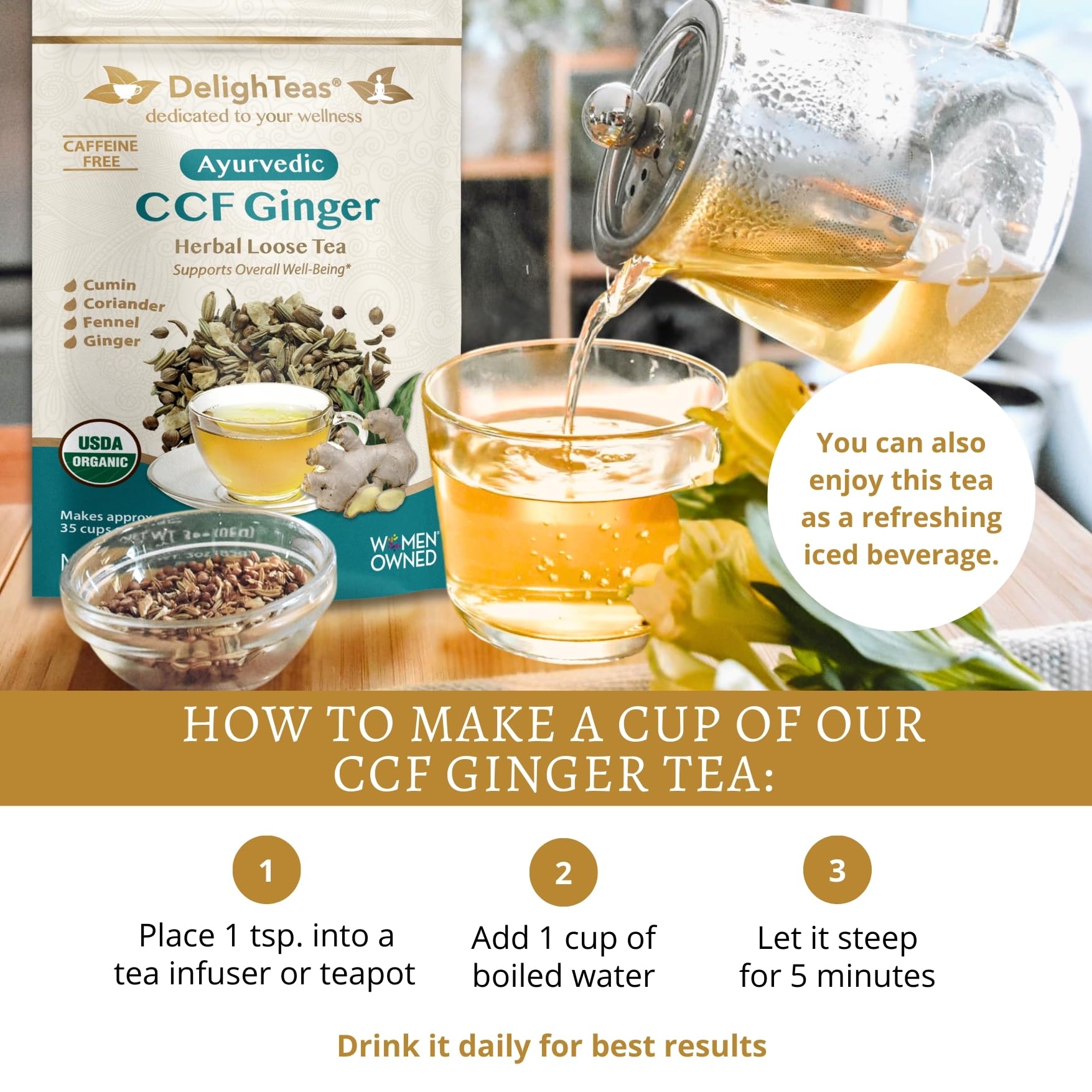 DelighTeas serving spoon with loose tea for portioning and easy measuring