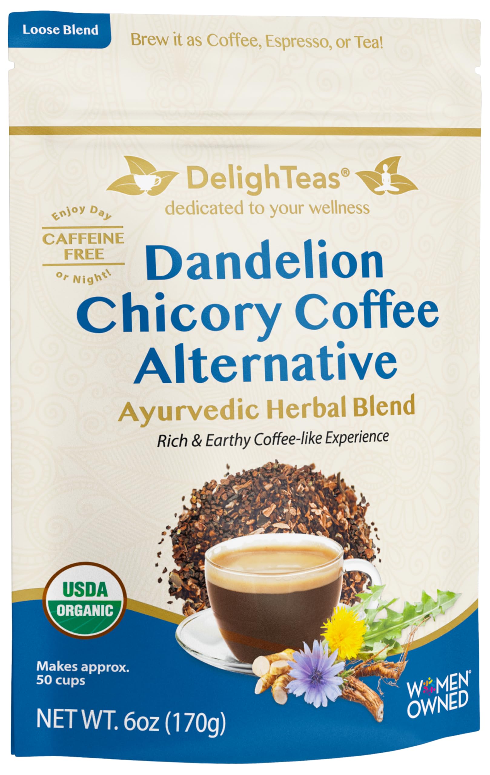 DelighTeas front packaging showing organic coffee alternative and benefits