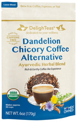 DelighTeas front packaging showing organic coffee alternative and benefits