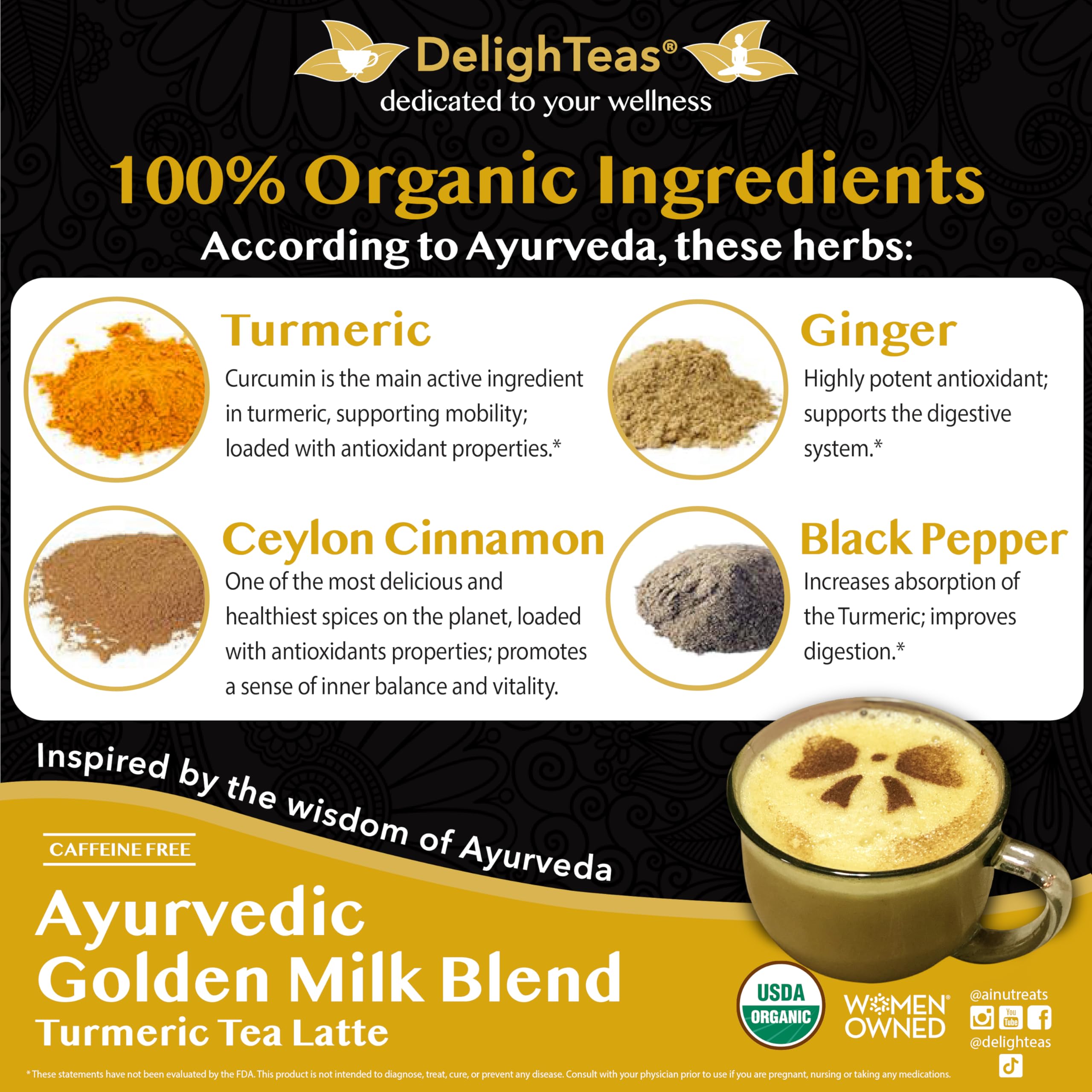 DelighTeas organic spices spread showing turmeric ginger cinnamon