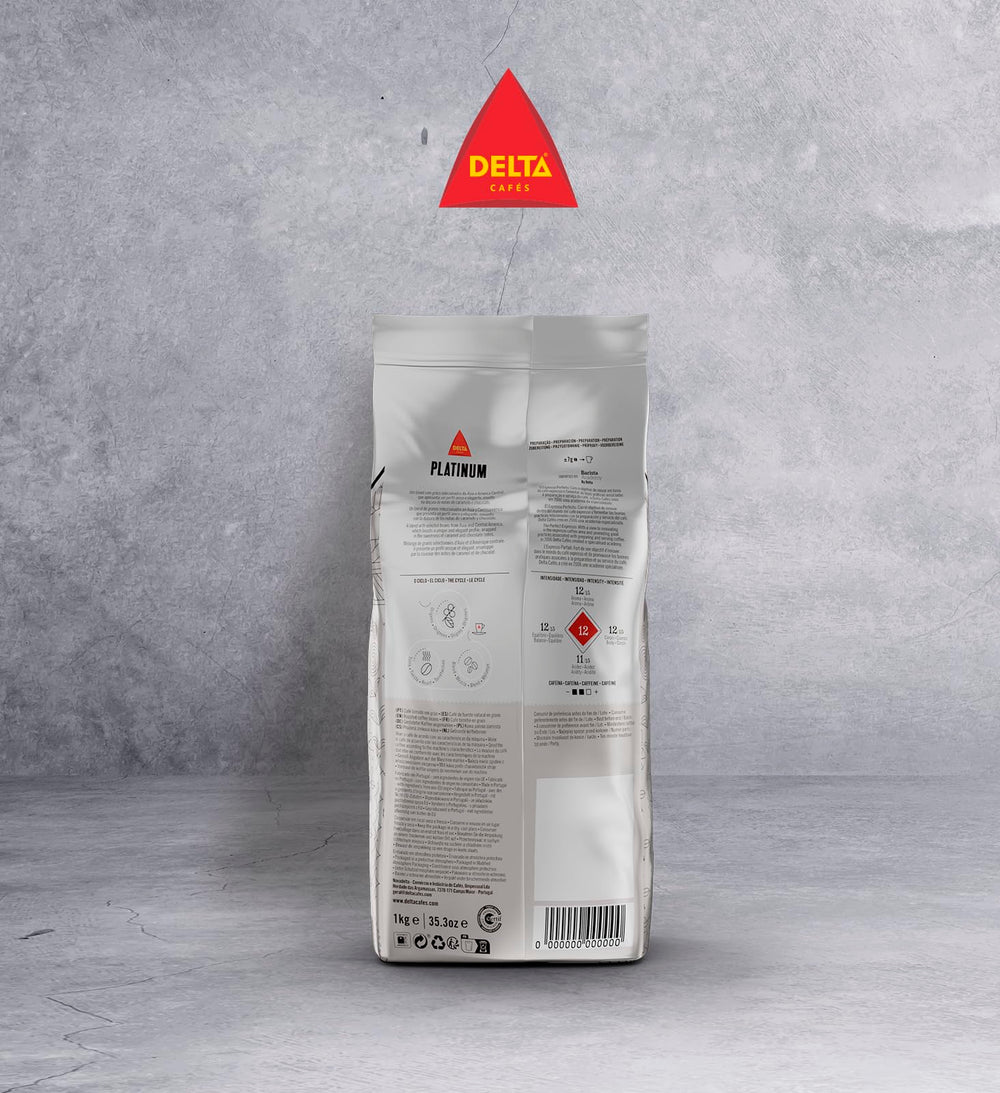 Delta Cafés beans on a scale illustrating bag size and bulk supply benefit