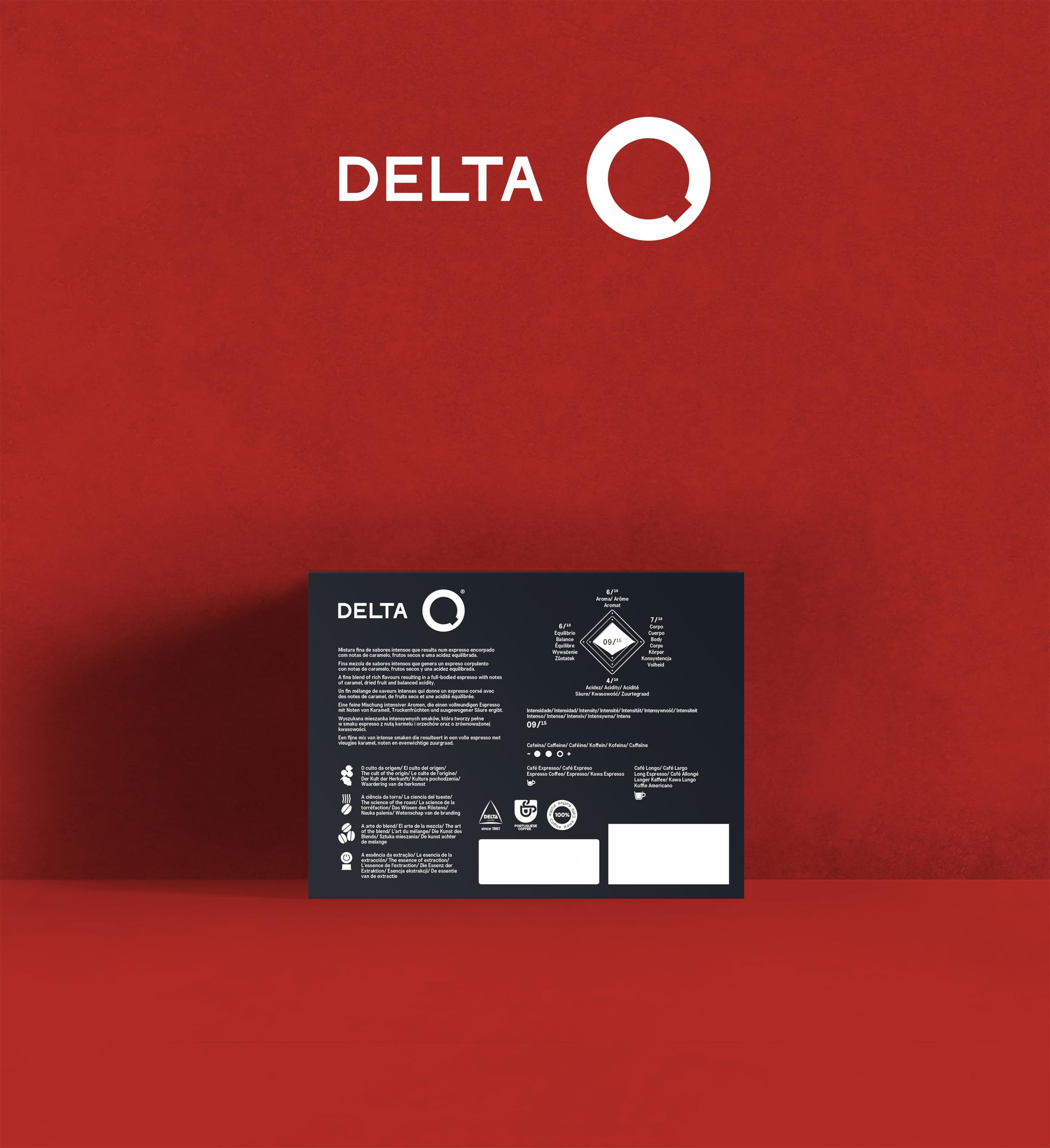 Delta Cafés espresso shot with thick crema, emphasizes rich flavor and visual appeal