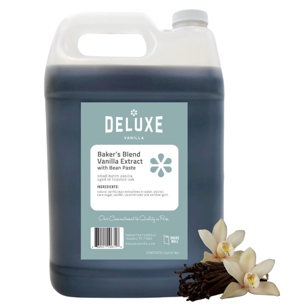 Deluxe Fine Foods front label showing one-gallon vanilla paste, clear product information and volume benefit
