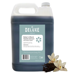 Deluxe Fine Foods front label showing one-gallon vanilla paste, clear product information and volume benefit