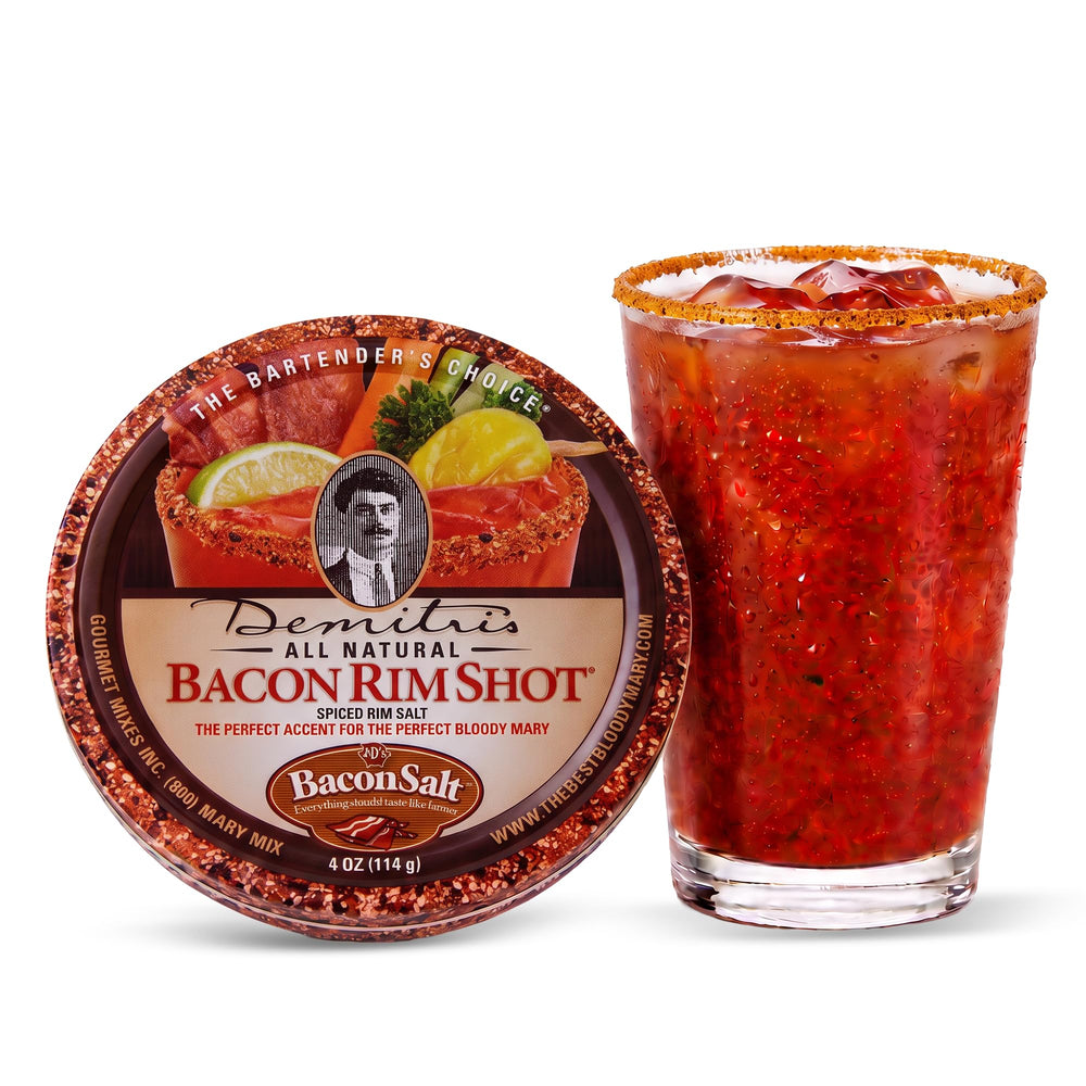 Demitri's tin front view showing brand and bacon rim salt benefit: bold smoky flavor
