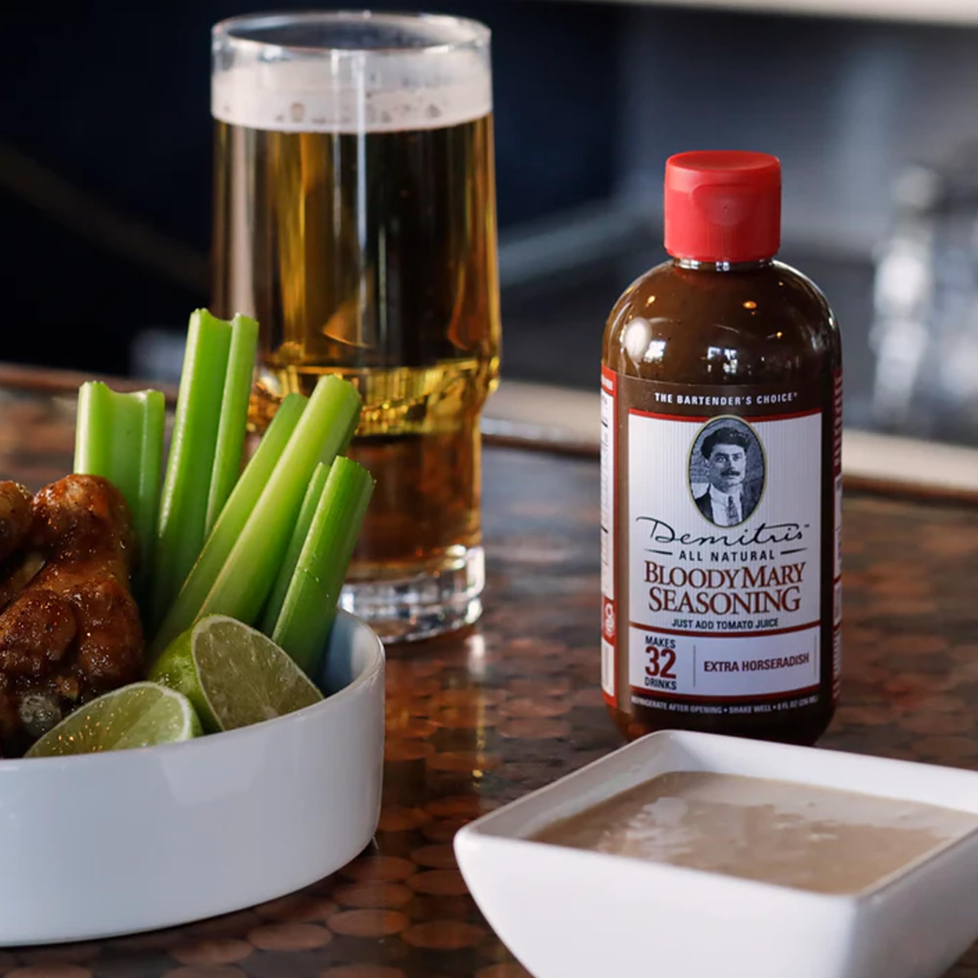 Bloody Mary brunch with Demitri's bottle on a table of garnishes