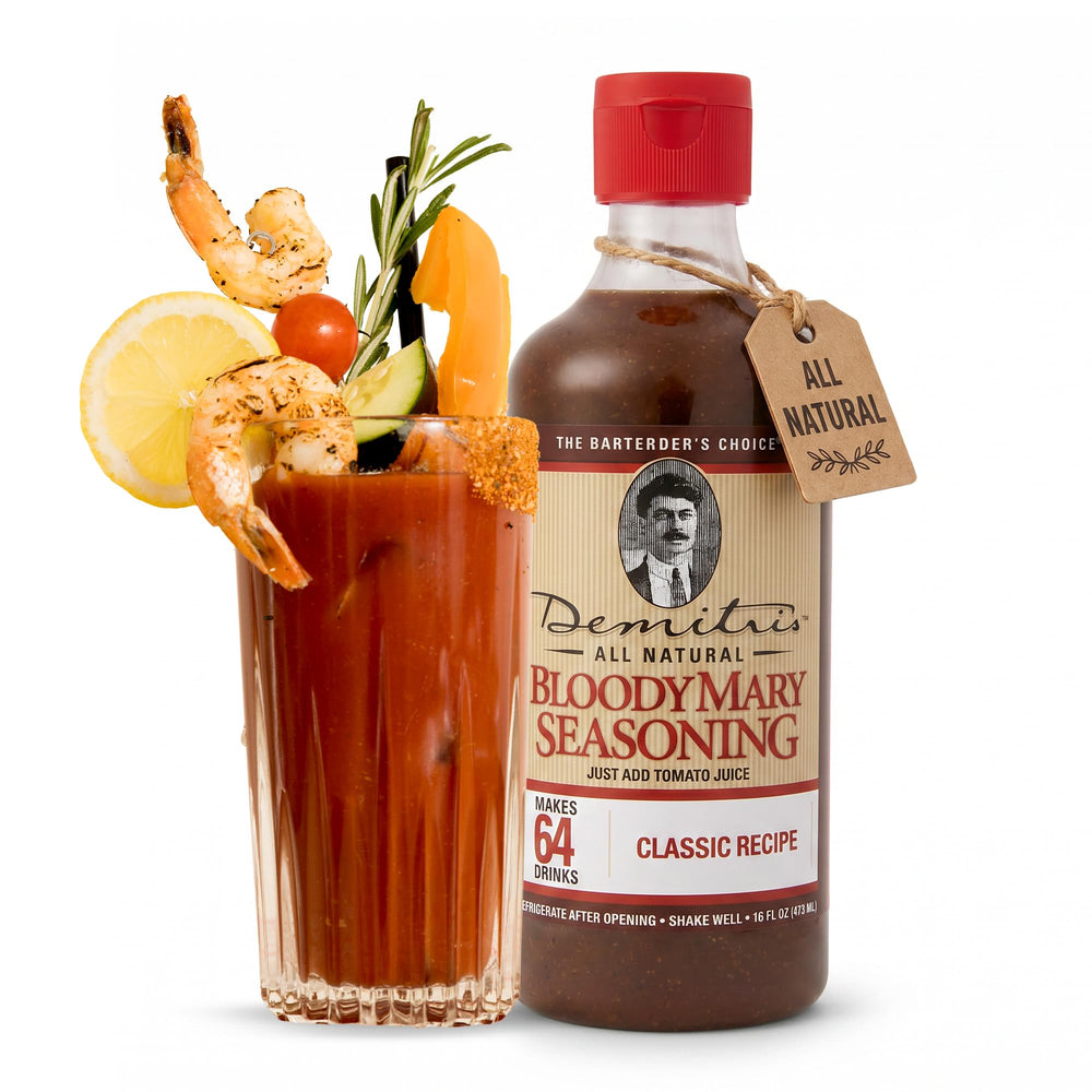 Demitri's front label on 16oz bottle showing bold branding and classic recipe benefit