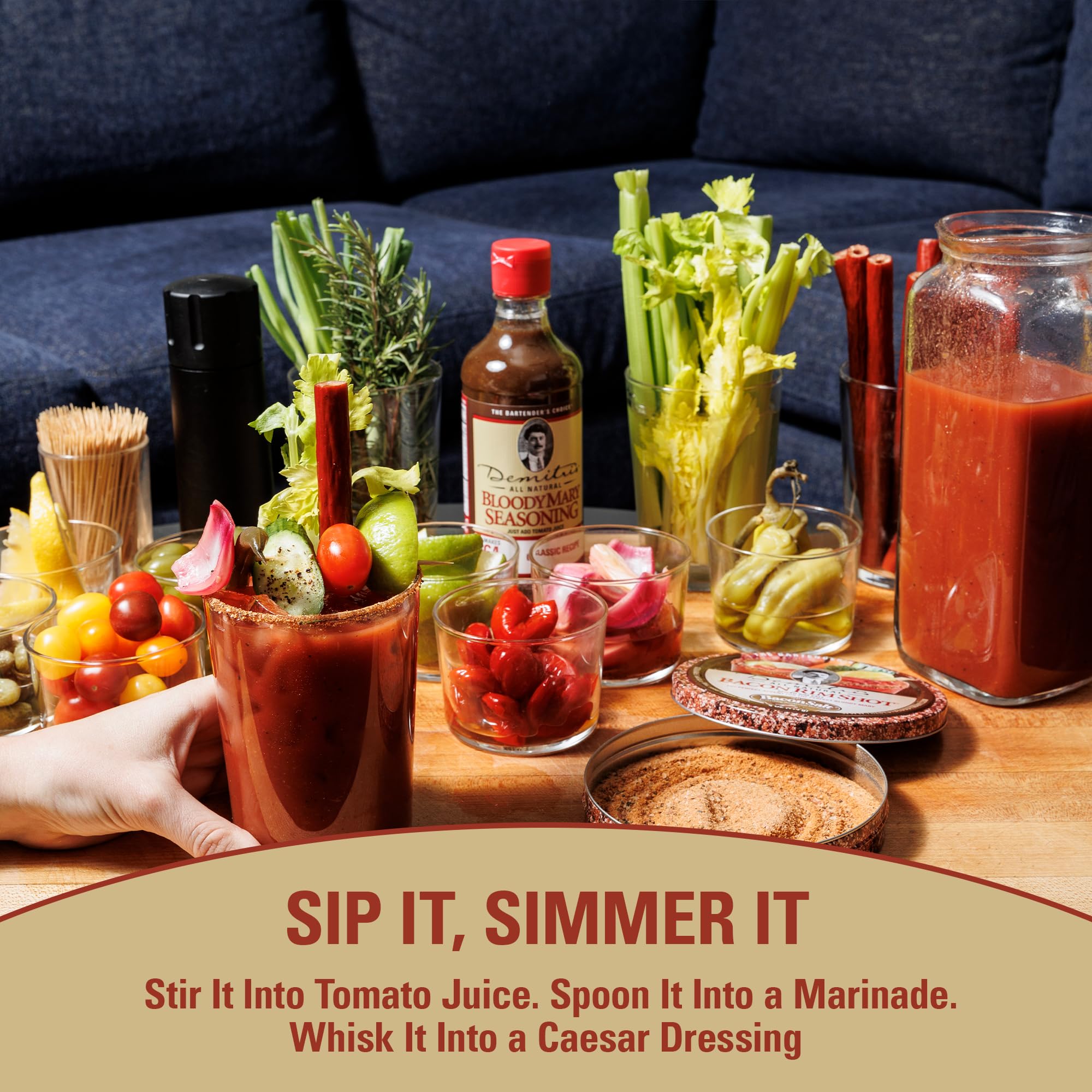 Demitri's bottle beside grilled steak showing versatile seasoning benefit