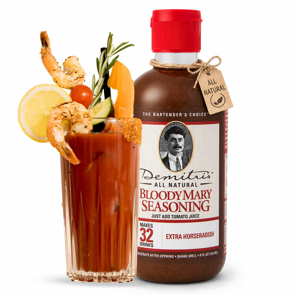 Demitri's bottle front label showing bold horseradish flavor and size