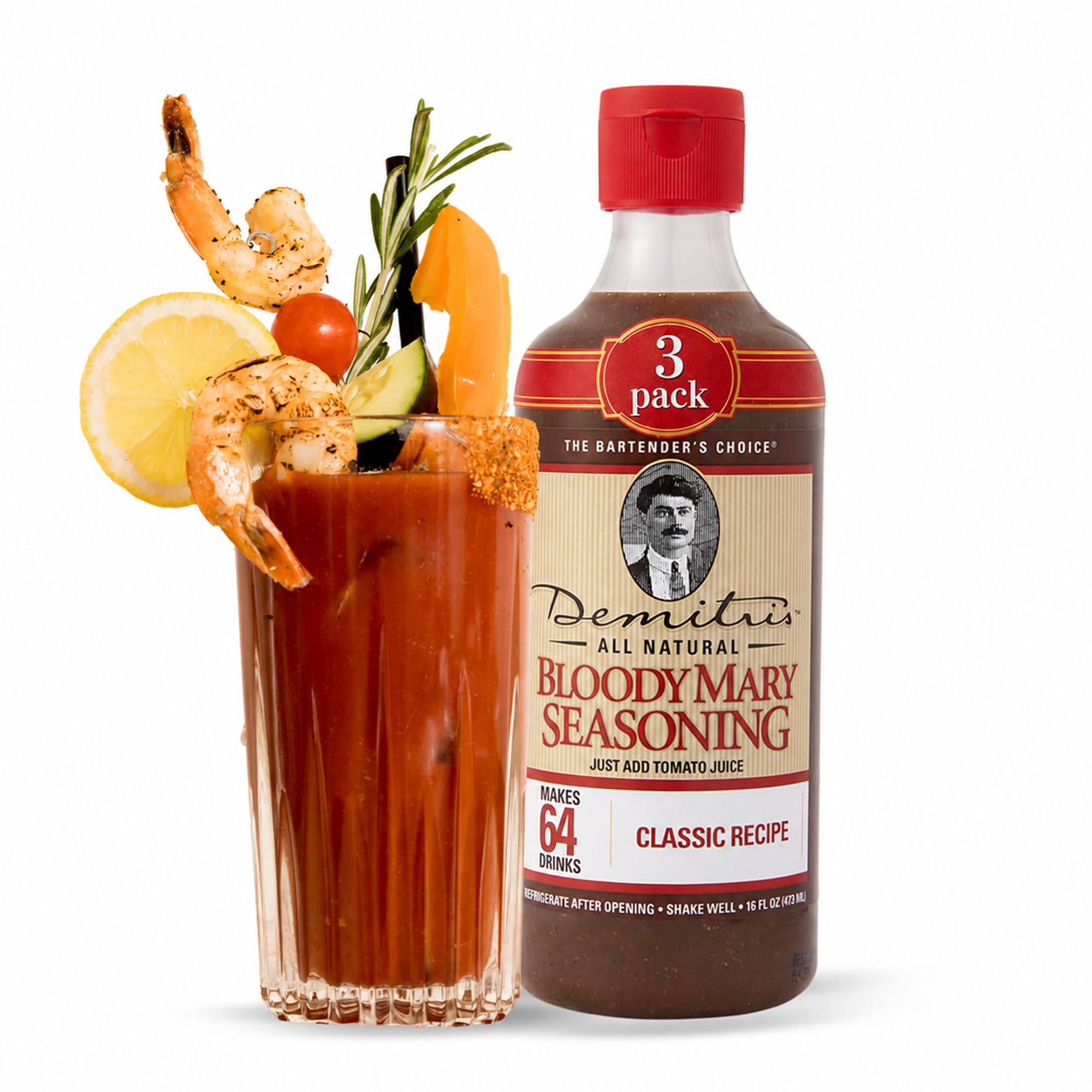 Demitri's front label on 16oz bottle showing classic recipe and usage benefits