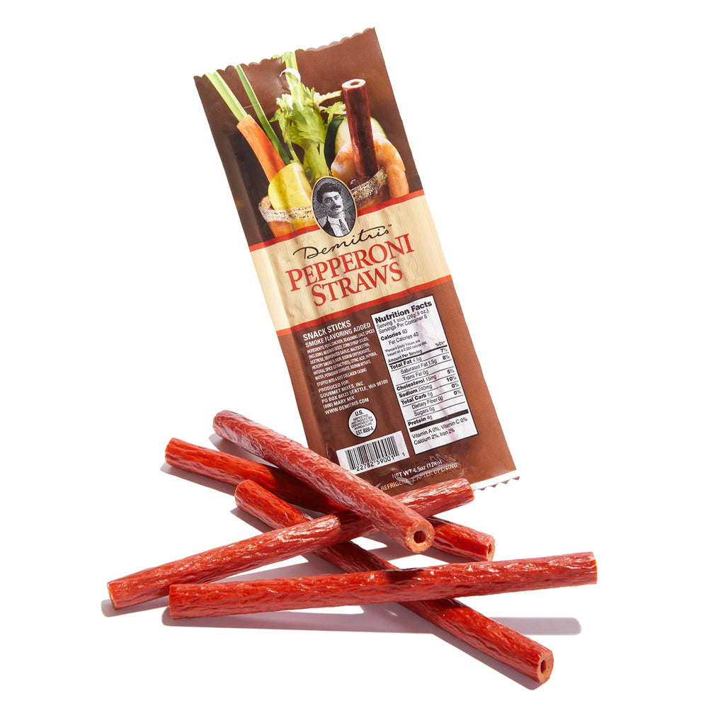 Demitri's front packaging showing five pepperoni straws and branding benefit: easy grab-and-go