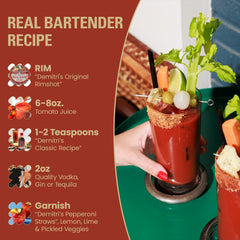 Demitri's garnished Bloody Mary on brunch table showcasing easy entertaining appeal