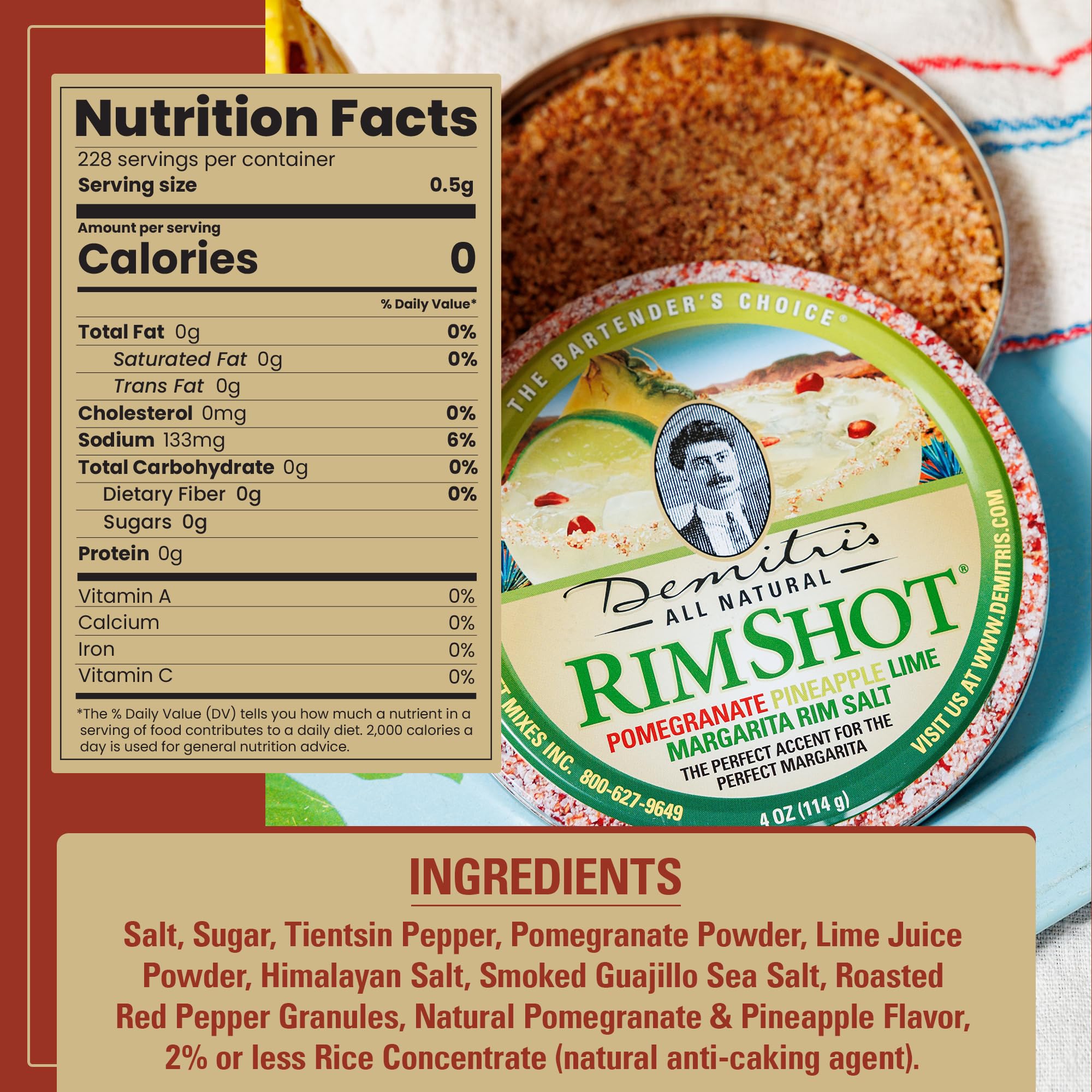 Demitri's open tin close-up showing salt texture and real fruit bits