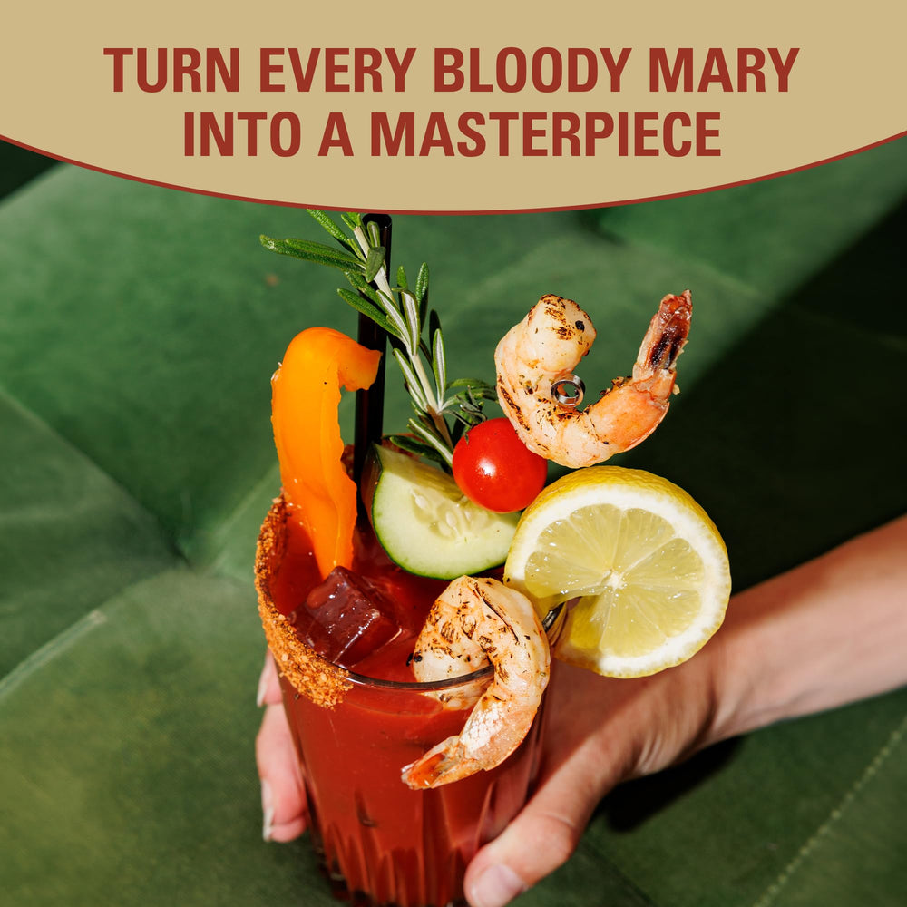 Glass of Bloody Mary made with Demitri's showing ready-to-serve cocktail appeal