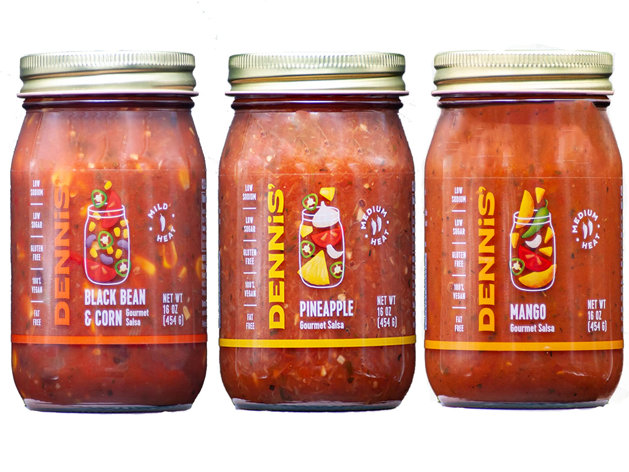 Dennis' front packaging showing three 16 oz jars for clear product identification and variety