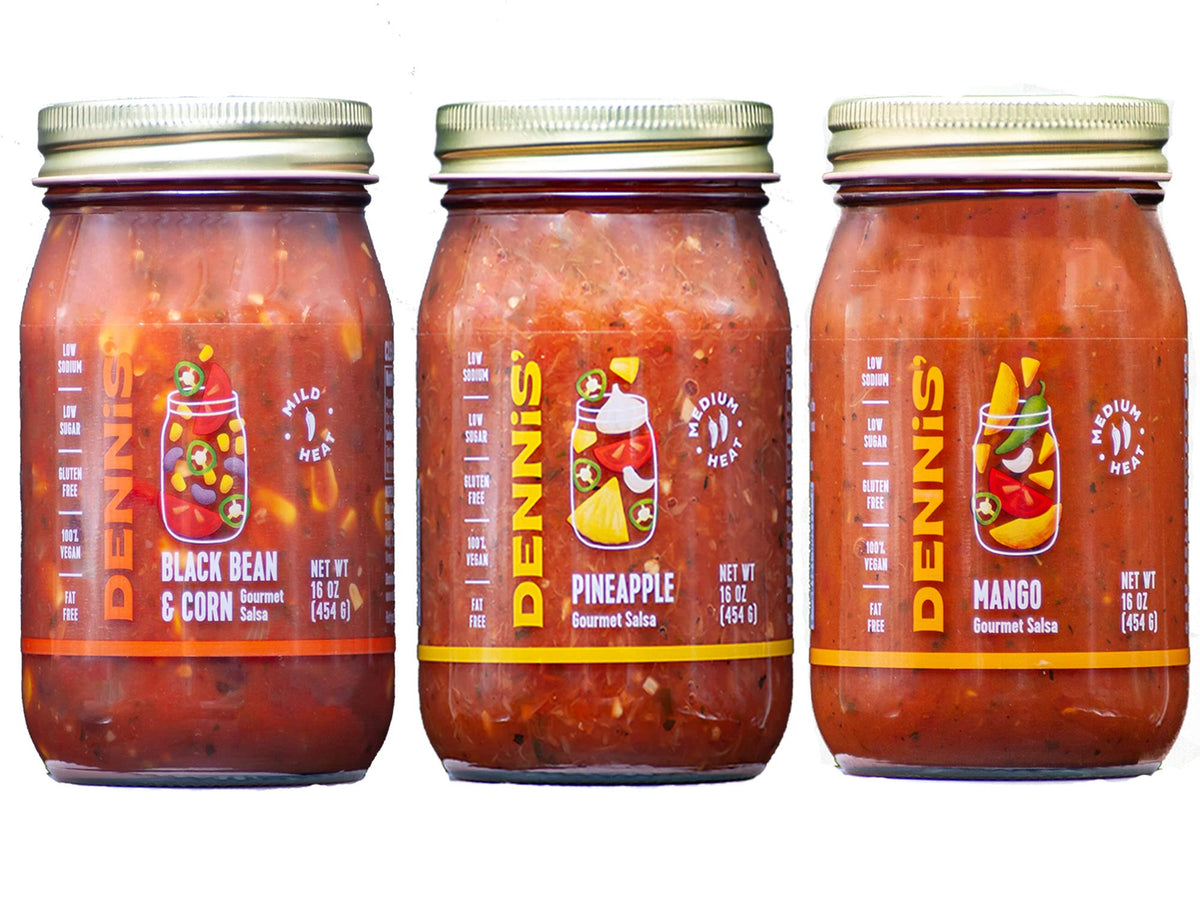 Dennis' front packaging showing three 16 oz jars for clear product identification and variety