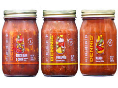 Dennis' front packaging showing three 16 oz jars for clear product identification and variety
