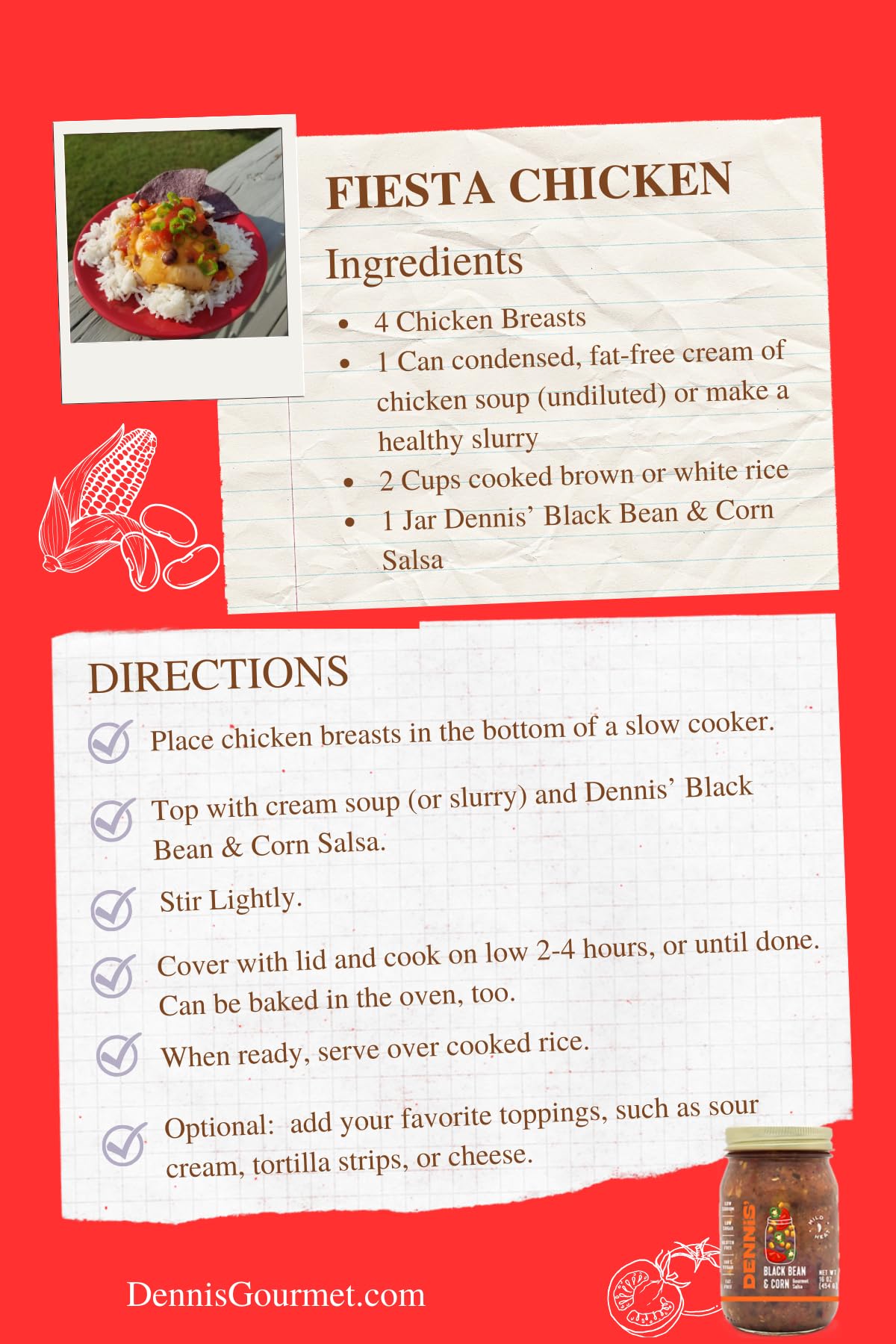 Dennis' salsas served with tortilla chips showing easy entertaining and dipping appeal