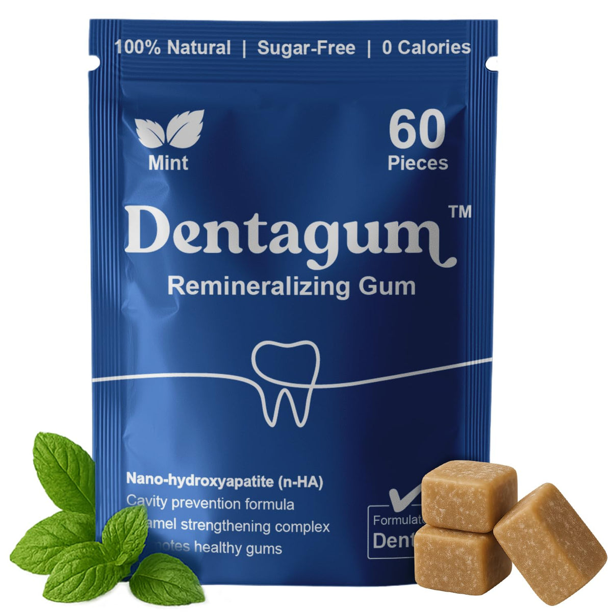 Dentagum front packaging showing 60-piece pouch and benefits