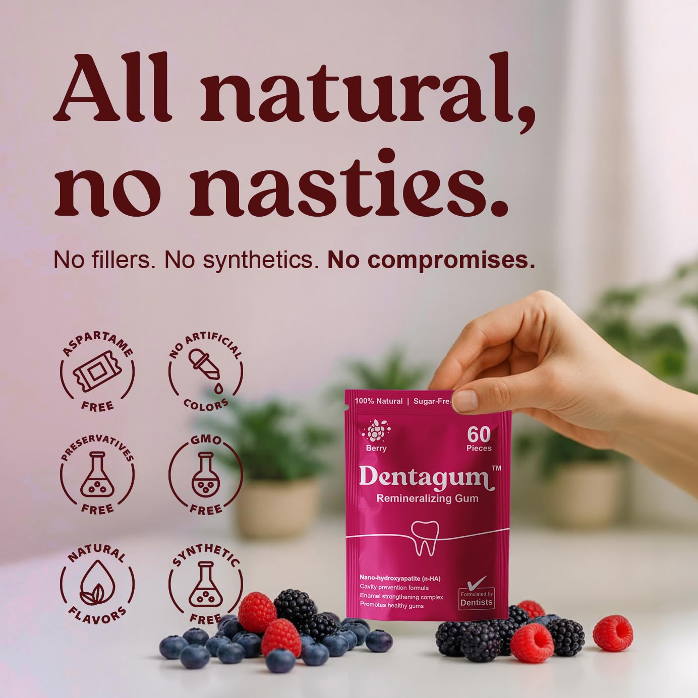 Dentagum ingredients label highlighting nano-hydroxyapatite and xylitol benefits