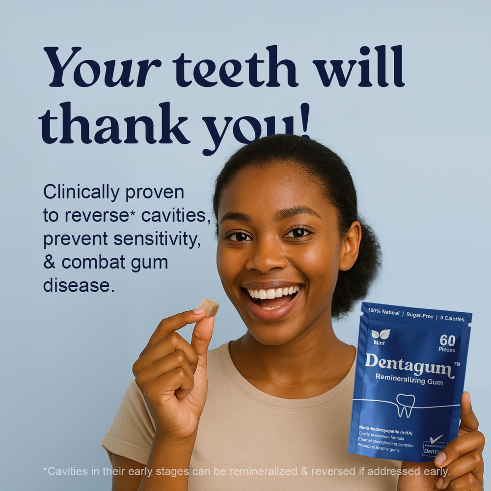 Dentagum open pouch with gum pieces, brand highlighting convenience