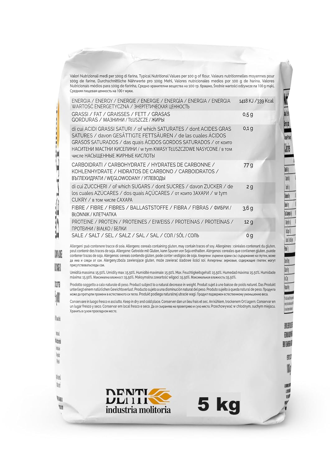 DENTI 5kg bag next to measuring scale showing commercial pack convenience