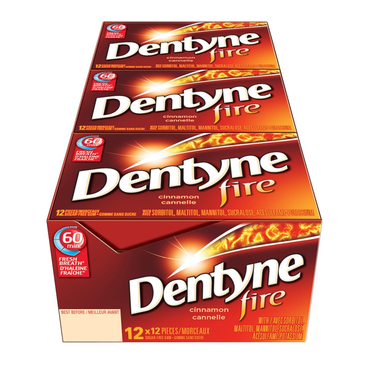 Dentyne Fire front packaging showing brand and spicy cinnamon flavor for bold freshness