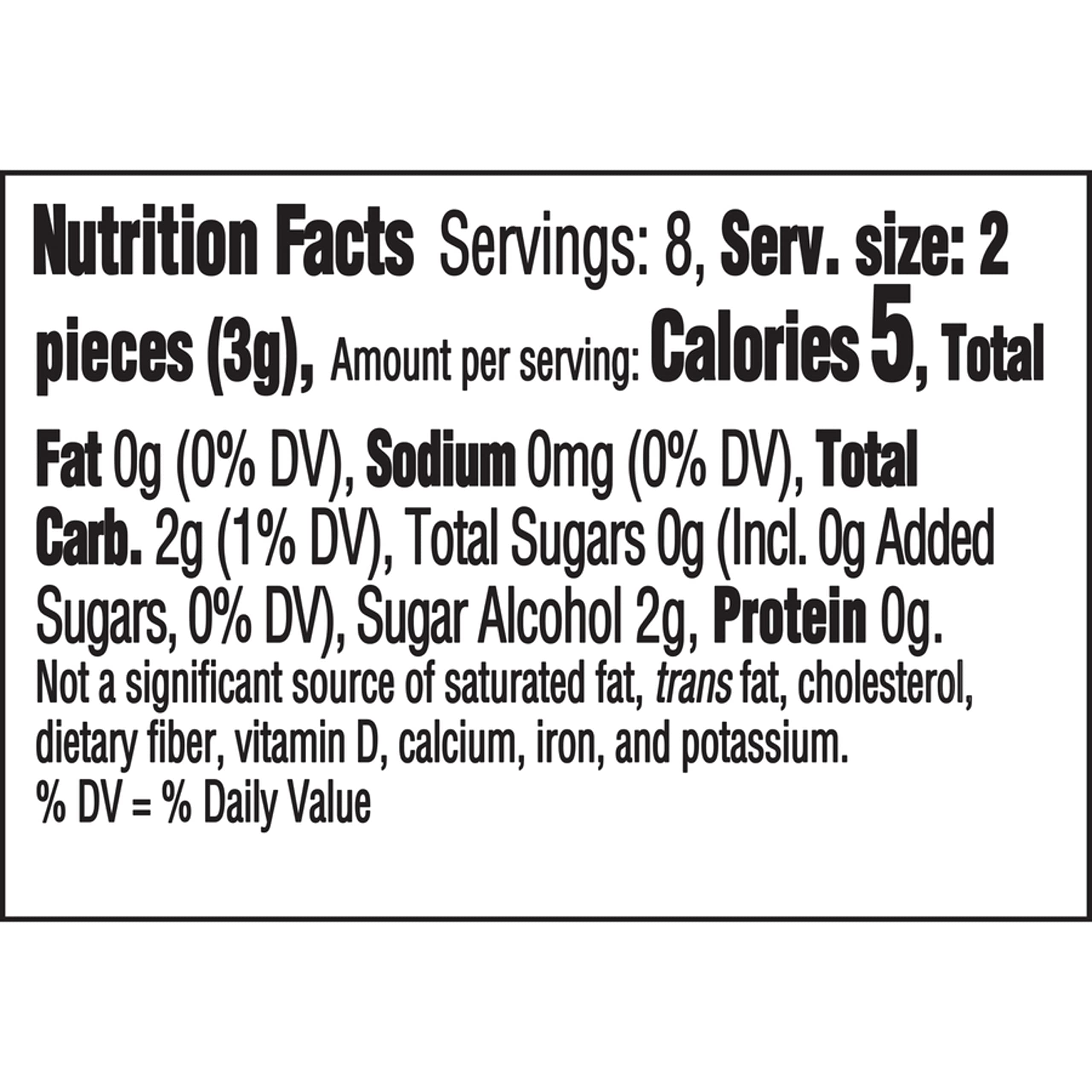 Dentyne packet label close-up showing ingredients and pack information
