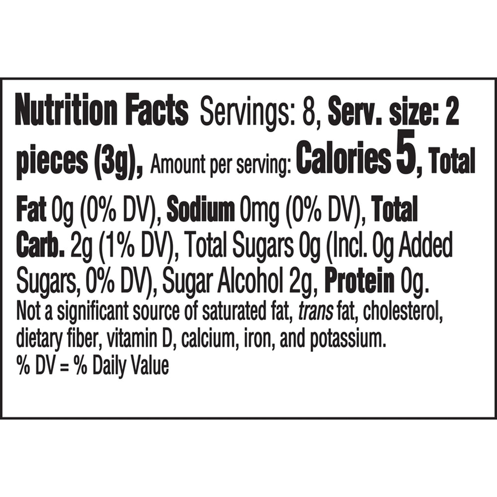 Dentyne packet label close-up showing ingredients and pack information
