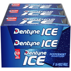 Dentyne pack front view showing bold peppermint and quantity benefit
