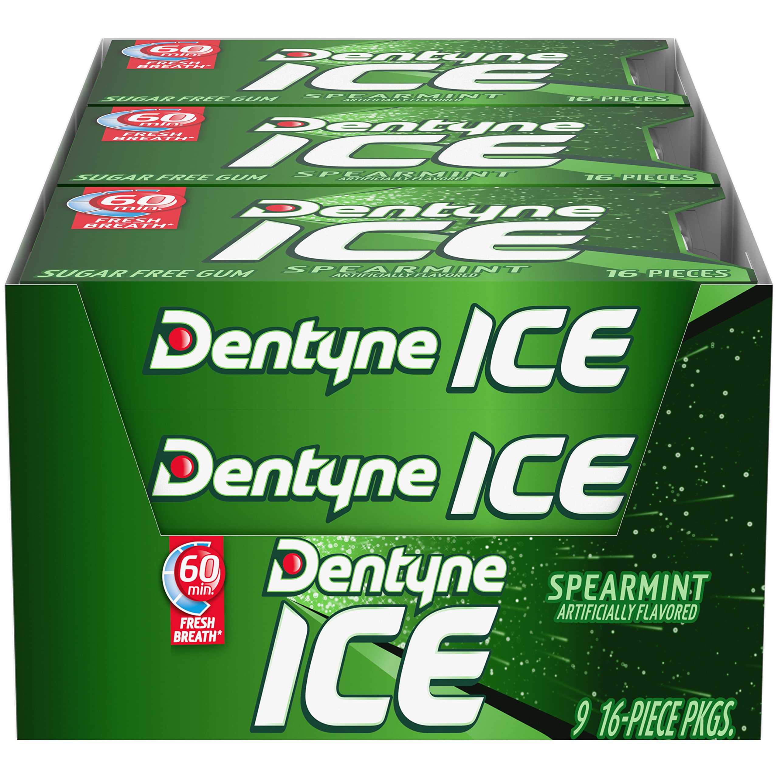 Dentyne pack front view showing spearmint branding and cooling benefit