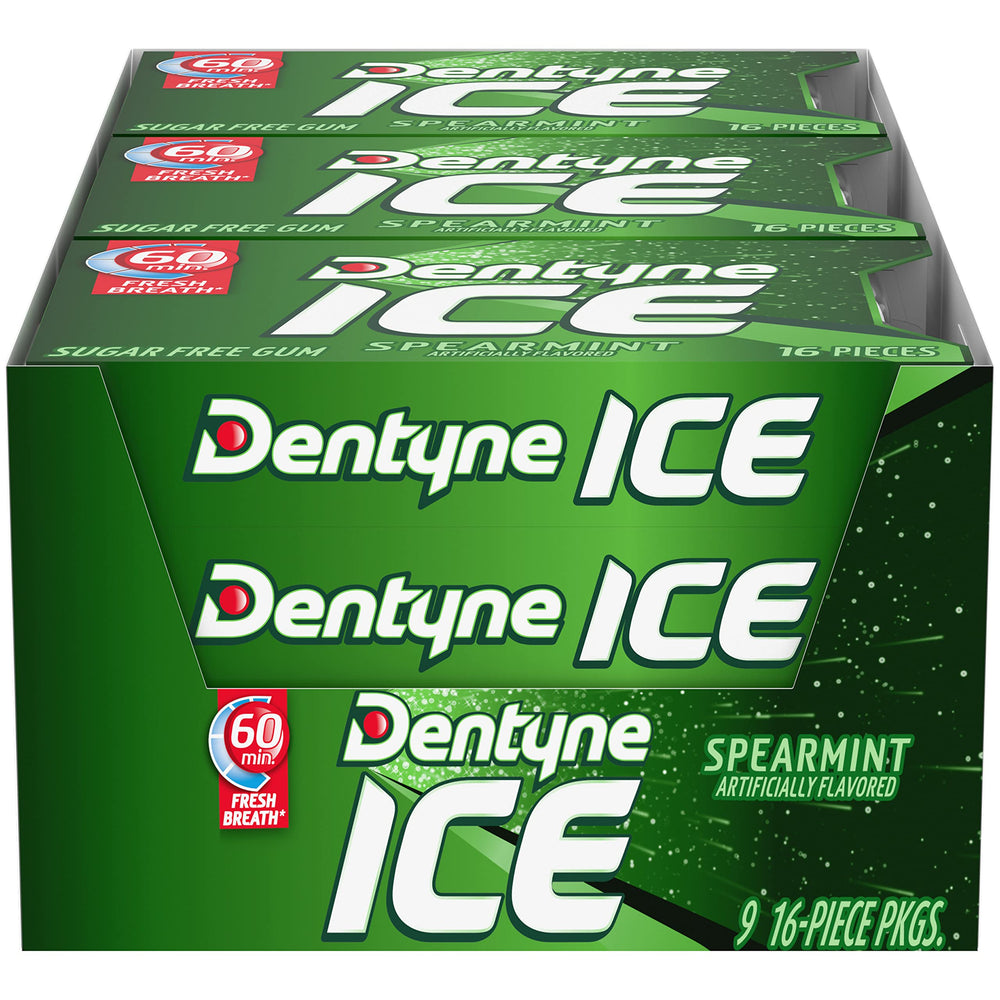 Dentyne pack front view showing spearmint branding and cooling benefit