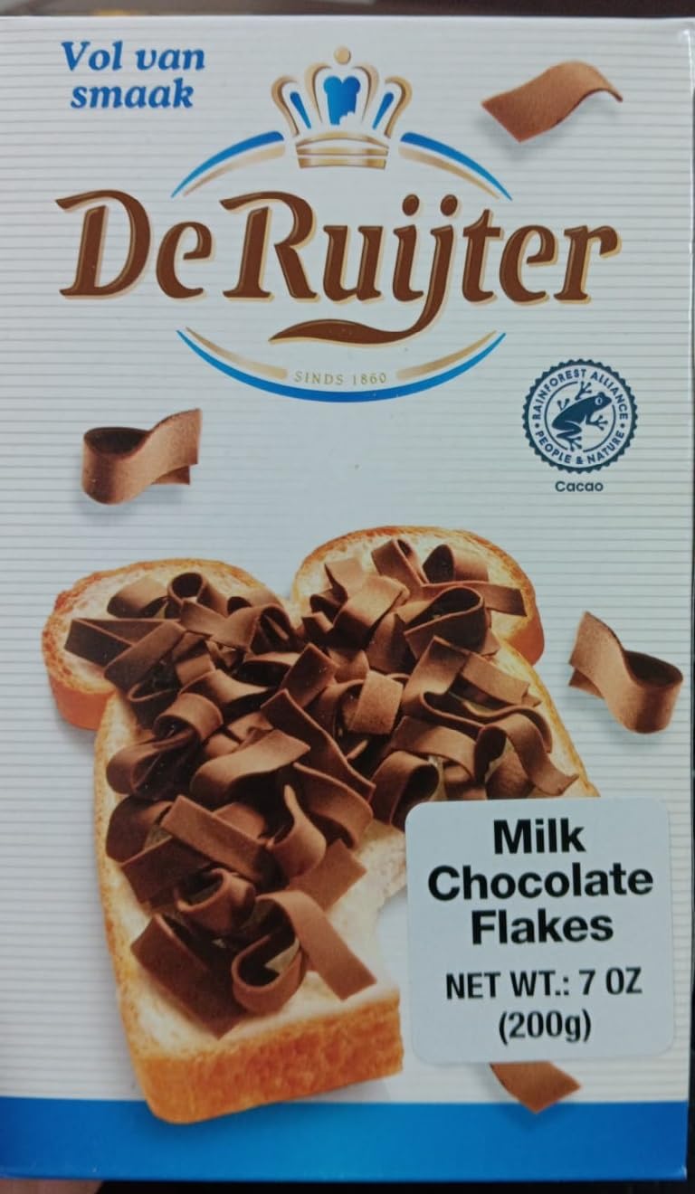 De Ruijter front packaging showing milk chocolate flakes and serving idea